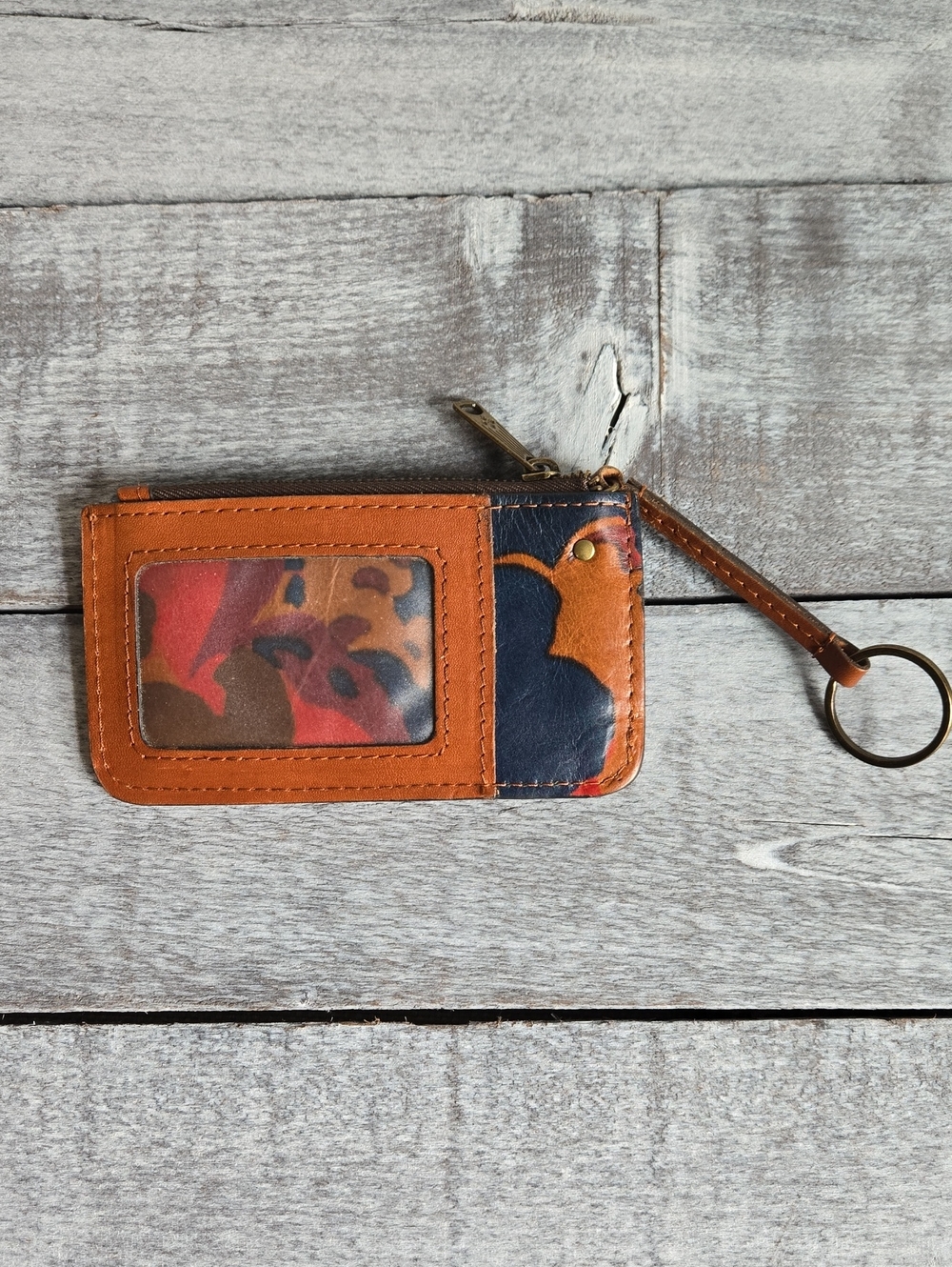 Patricia Nash Cassis Printed Leather ID Wallet Key Ring Zipper Pouch